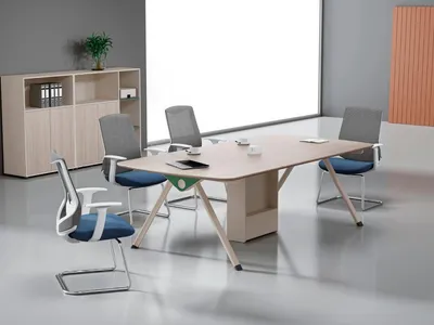 Produktbild von Beige Arbeitszimmer Garnitur Designer Konferenztisch Edle Holz Schränke