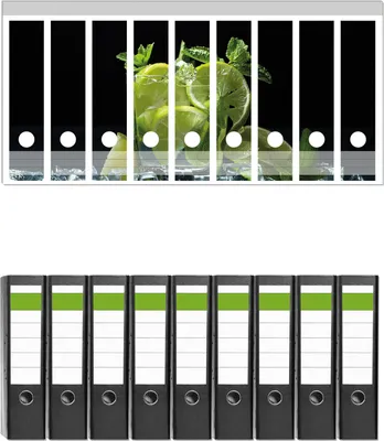 Produktbild von Wallario 9 Stück breite Ordner inkl. Klebeetiketten mit Motive Mojito - Cocktail mit Limetten, Eis und Minze -  Set mit Rückenschildern / Ordnerrücken Stickern