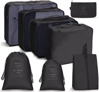 Produktbild von Koffer Organizer Set 8-teilig, Packing Cubes, wasserdichte Reise Kleidertaschen, Packtaschen fš¹r Koffer, Verpackungswš¹rfel mit Schuhbeutel (Schwarz)