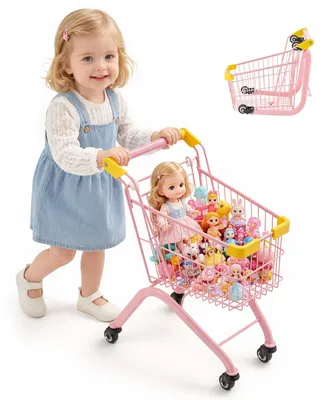 Produktbild von VEVOR Einkaufswagen für Kinder, Einkaufswagen Supermarkt Spielzeug mit Stahlrahmen 4 Rädern & Dichtem Netzkorb, Faltbares Kaufladenzubehör mit 30kg Belastbarkeit, Kaufmannsladen Spiele für Kinder ab 3