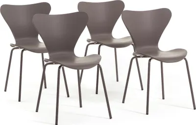 Image de lot de 4 chaises d'intérieur avec coque en résine renforcée de fibre de verre et pieds en métal, design moderne et élégant avec finition effet bois - robustes, résistantes et idéales pour la cuisine, la salle à manger, les bars et les restaurants - NINA - Taupe