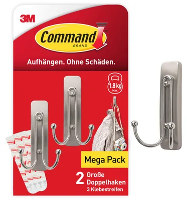 Produktbild von Command Doppelhaken Nickel gebürstet, 2 Haken + 3 Strips, Tragkraft 1,8 kg