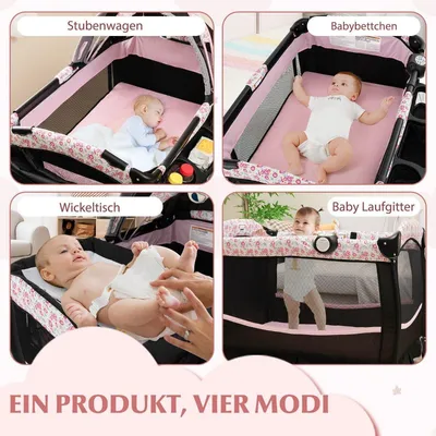 Immagine prodotto di Lettino da viaggio 4 in 1 con materasso pieghevole laterale con baldacchino regolabile fiori rosa