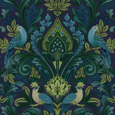 Produktbild von Grandeco - Strukturtapete, Pfauenhahn Damast AG3718 (1,002,79 cm x 53,09 cm) (Blau/Grün)