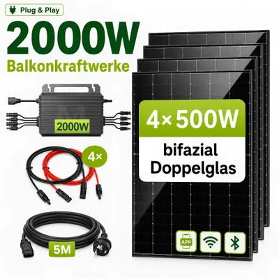 Produktbild von GreenSun Solar 2000W Balkonkraftwerk 4×500W Bifazial Full Black Doppelglas, MARSTEK 2000W Mikrowechselrichter 4 MPPT, WiFi Bluetooth App, 5m Kabel
