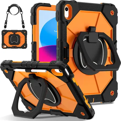 Obrázek produktu pro Pouzdro pro iPad 10th Gen 2022 10,9", odolné přenosné ochranné pouzdro se stojánkem, ručním popruhem a ramenním popruhem černé Pomerančový