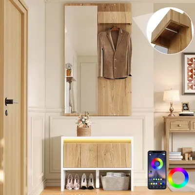 Produktbild von Merax Garderobenset, Garderobe mit Spiegel, Kleiderständer, Schuhbank, 2 Schubladen, Haken, Wandgarderobe, Garderobenständer, Flurmöbel, Natur+Weiß