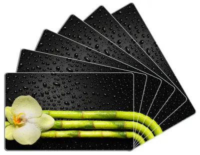 Produktbild von Wallario Frühstücksbrettchen 6er Set aus Glas, je 14 x 23 cm, mit rutschfesten Füßen, Motiv Grüne Orchidee mit Bambus auf schwarz - Regentropfen