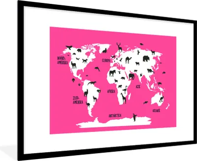 Produktbild von MuchoWow® Gerahmtes Poster Weltkarte Kinder - Tiere - Rosa 90x60 cm - Poster mit Schwarzem Bilderrahmen Wandposter Rahmen Foto Bilder - Wanddekoration - Fotos