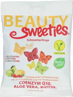 Produktbild von Open Food BeautySweeties Schmetterlinge - natur pur - 125 g, Biotin, 125 g, D, e330, e440, e903, Zitrone, Saflor, Coenzym Q10 0, Himbeerpüree, Biotin, Brombeerpüree, Apfel, Fruktosesirup,..., 323 kcal