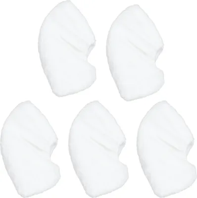Five white microfiber steam mop pads arranged in a grid on a white background.