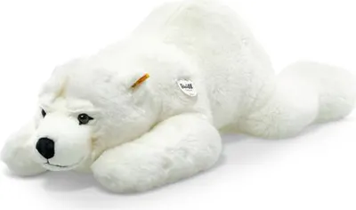 A white plush polar bear toy lying down on a white background.