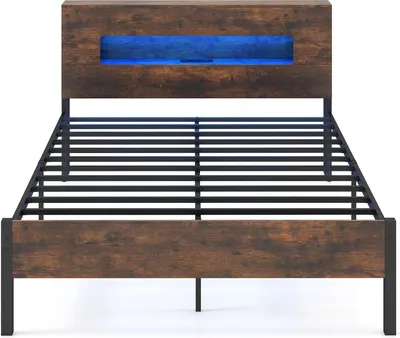Produktbild von COSTWAY Bettgestell 200x140cm, Plattformbett mit LED-Lichtern, Stauraum-Kopfteil, Steckdosen, Lattenrost mit robustem Metallrahmen, Rustikales Braun