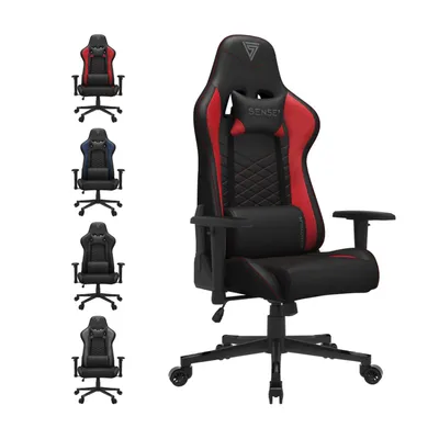 A collage of gaming chairs, with one chair prominently displayed on the right and several other color variations shown on the left.