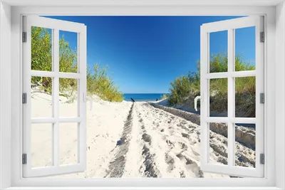 Produktbild von Wallario selbstklebendes Poster mit Fenster-Illusion - Auf dem Sandweg zum Strand - Blauer Himmel über dem Meer, Größe: 100 x 150 cm