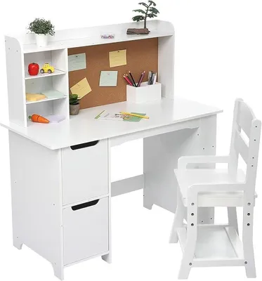 Produktbild von Kinderschreibtisch Set, Schreibtisch Kinder Mit Stuhl Aus Holz, Schülerschreibtisch Mit Bücherregal, Schrank, Schublade & Pinnwand, Jugendschreibtisch Für Kinder Ab 3 Jahren, Weiß