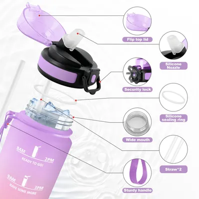 Produktbild von JAPORIA Trinkflasche 500ml, Mit Strohhalm & Zeitmarkierung, Auslaufsicher Sportflasche für Fitness, Fahrrad, Büro, Schule