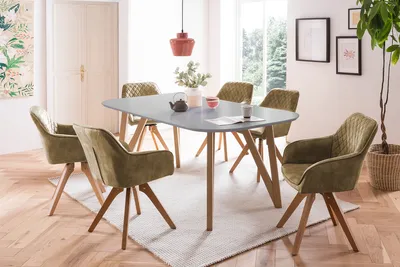 Produktbild von SalesFever Essgruppe 5-tlg. | 180 x 90 cm | Tisch MDF grau matt + Eichengestell | 4x Drehstuhl Samtvelours + Stuhlbeine Buche | grün