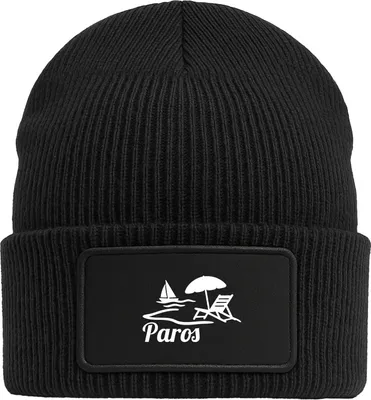 Produktbild von Huuraa Beanie Paros Inselmotiv Griechenland Black doppellagige Polyacryl Mütze mit Patch Geschenkidee