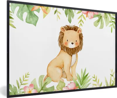 Produktbild von MuchoWow® MuchoWow® Gerahmtes Poster Löwe - Dschungel - Pflanzen - Blumen 60x40 cm - Poster mit zchwarzem Bilderrahmen - Printing - Wanddeko Schlafzimmer