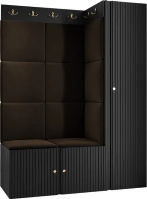 Produktbild von MIRJAN24 Garderoben-Set Orion Ryfel Slim IX, Kleiderschrank, Schuhschrank, 2x Kleiderhakenbrett, 11x Paneel 42x42, 4 Kleiderhaken für Kleidung, Metallgriffe (Farbe: Schwarz, Manila 04)