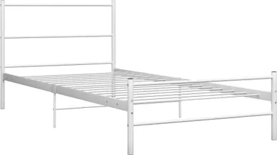 A white metal single bed frame is shown against a white background.