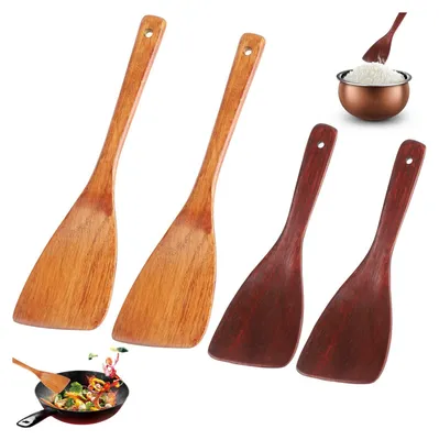 Produktbild von 4 Stück Pfannenwender Holz Set, 33 cm Holzspatel Zum Kochen Langem Griff, Antihaft Reislöffel aus Holz, Hitzebeständig Holzlöffel Küchenutensilien für Küche Restaurant Kochen