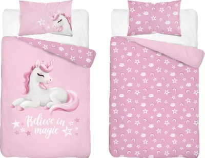 Produktbild von Kinder-Bettwäsche „Einhorn – Believe in Magic“ 100x135 + 40x60 | 100 % Baumwolle | Reißverschluss