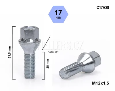 Obrázek produktu pro Kolový šroub M12x1,5x28, kužel, klíč 17, C17A28, výška 53,5 mm