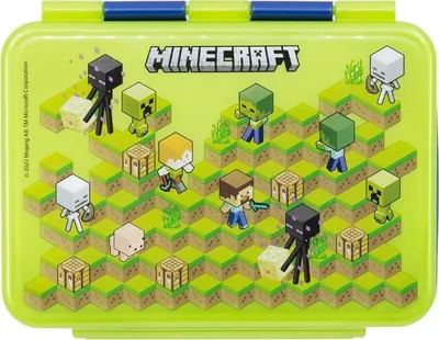 A Minecraft-themed lunchbox with various characters and blocks from the game.