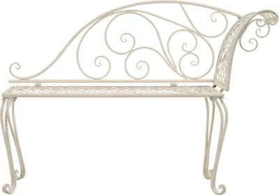A white metal garden bench with ornate scrollwork on the backrest and legs, shown against a white background.
