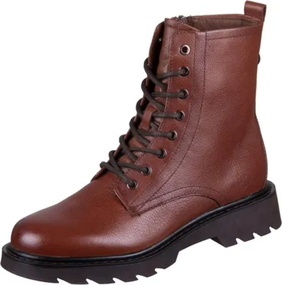 A single brown leather boot with laces and a thick sole is shown against a white background.