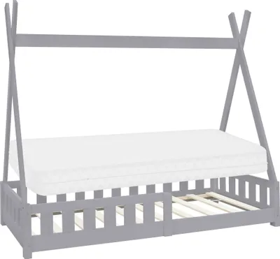 Produktbild von ML-Design Kinderbett Tipi 80x160 cm mit Matratze, Rausfallschutz und Lattenrost, aus Kiefernholz, Hellgrau, Hausbett mit Zaun Bodenbett Holzbett