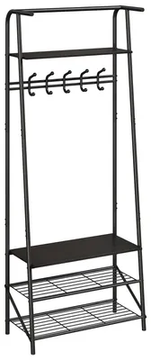 Zdjęcie produktu dla Wieszak do Przedpokoju z Siedziskiem i Półką na Buty 60 cm Garderoba Loft – Stojący Hall Tree z haczykami (Czarny)