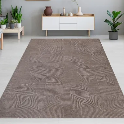 Image de Tapis de couleur taupe avec un motif en arc moderne et une surface texturée. Dimensions : 80 x 150 cm