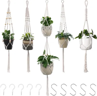 Produktbild von Pflanzenst?nder und Pflanzenregal, Makramee-Pflanzenampel, H?ngeblumentopf, H?ngender Topf aus Baumwollseil, 5er-Set