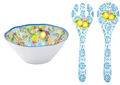 Produktbild von Schüssel + Salatbesteck ISCHIA Zitronen D. 29cm weiß blau gelb Melamin Easy Life