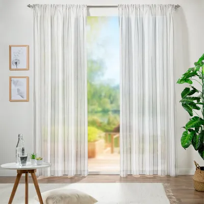 Produktbild von heimtexland ® Vorhang Leinen Struktur Transparent Tunnelzug Kräuselband Gardine Marititm Streifen HxB 280x140 cm Typ695 Weiß Schwarz