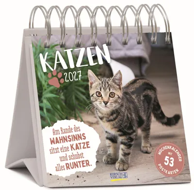 Produktbild von Katzen Wochenkalender 2027, aufstellbar, mit 53 Postkarten und 53 Sprüchen, 17 x 16 cm