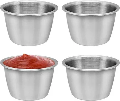 Image de 4 mini-pots à sauce en acier inoxydable, polyvalents, idéaux pour les sauces et les apéritifs (6 x 3,8 cm)