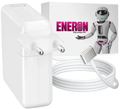 A white Macbook charger and cable are displayed next to a box with a robot mascot and brand logo.