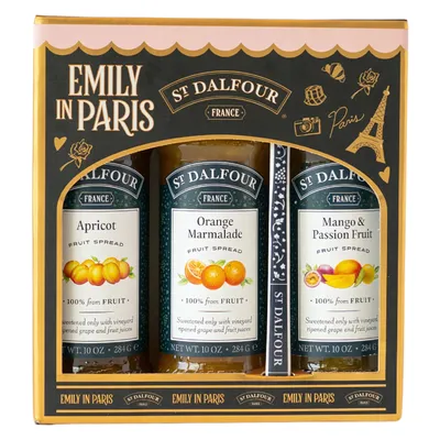 Immagine prodotto di Set regalo di crema spalmabile alla frutta St. Dalfour - Edizione Emily in Paris - 100% frutta, senza zuccheri aggiunti, senza glutine - 3x284g (albicocca, arancia, mango, passi