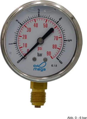 Produktbild von Profec Manometer 0 - 6 bar, Glyzeringefüllt, Ø 63 mm, 1/4 Zoll Anschluss nach unten Radial, Überdruck-Manometer