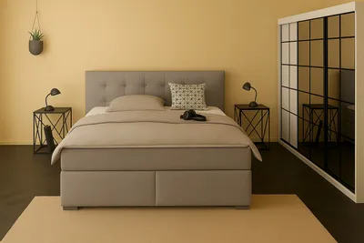Produktbild von Boxspringbett TOM 140 x 200 cm mit Matratze und gepolstertem Kopfteil. Farbe: Dunkelgrau