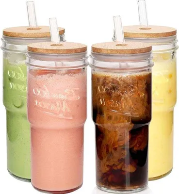 Produktbild von Famanu Gläser mit Deckeln und Strohhalmen - Set von 4 - 680 ml - Mason Jar - Klar
