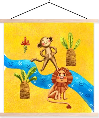Produktbild von MuchoWow® Textilposter Affe - Löwe - Dschungel - Fluss 60x60 cm mit holzfarbenen Rahmen - Wanddekoration