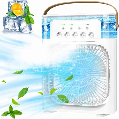 Produktbild von 4 in 1 Tragbare Klimaanlagen,Ventilator,3 Geschwindigkeiten,5 Sprüharten,Timer,Luftbefeuchter mit 600ml-Wassertank,USB-Ladefunktion Luftkühler,leiser