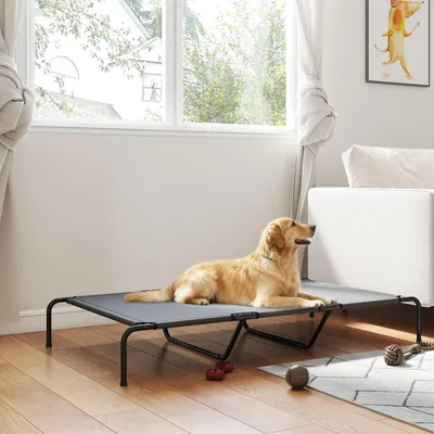 Produktbild von Hundeliege Outdoor erhöht für große Hunde, Hundebett Mesh atmungsaktiv, Texteline Stahlrahmen wetterfest, Grau | 152x94x23 cm | 600 g/m² | 5,2 kg