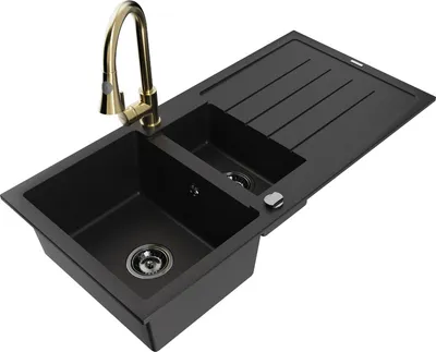 Produktbild von Mexen Andres 1,5-Becken-Granitspüle mit Abtropffläche und Mischbatterie Elia, Schwarz - 6515-77-670101-50-B