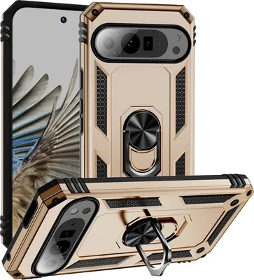 A gold-colored phone case with a ring holder is shown from multiple angles against a white background.